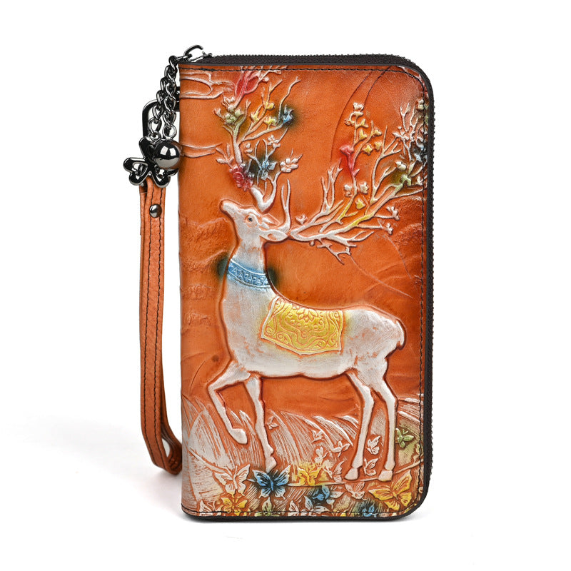 Cowhide Deer Head Embossed Multiple Slots Purses
