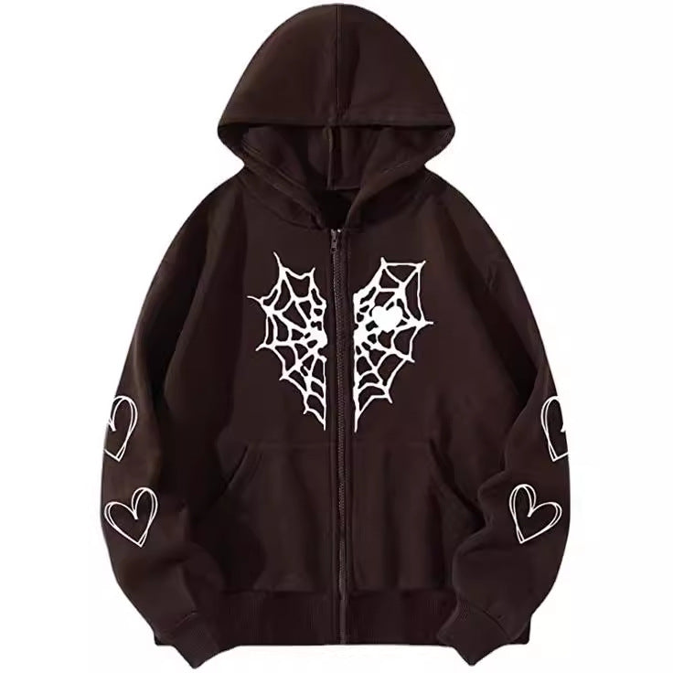 Spider Web Heart Printing Zipper Warm Sweaters