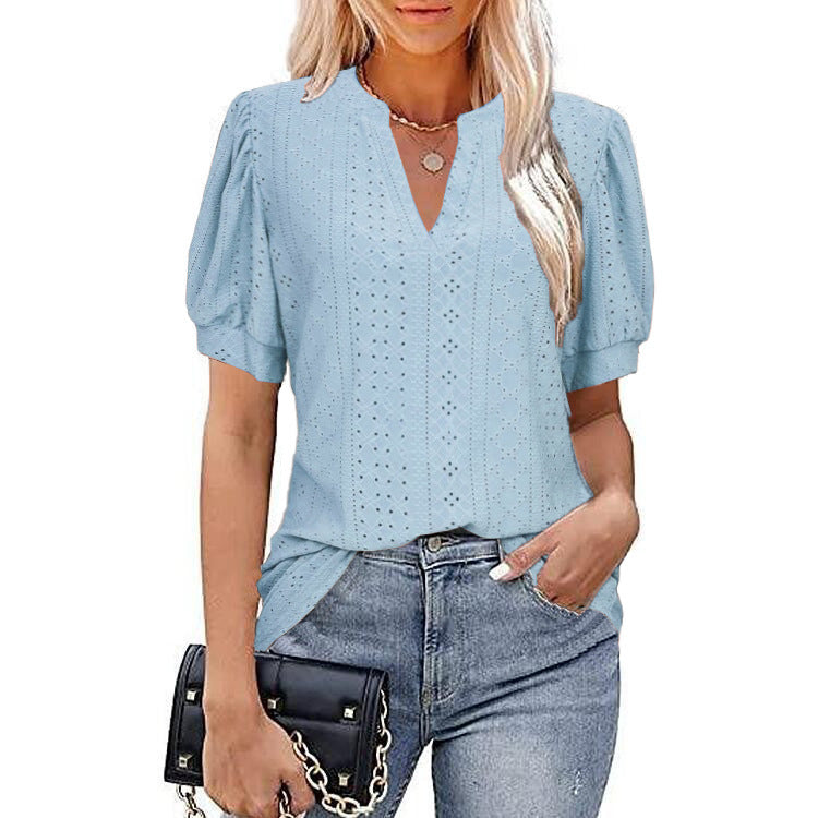 Casual Solid Color Hollow Puff Sleeve Blouses