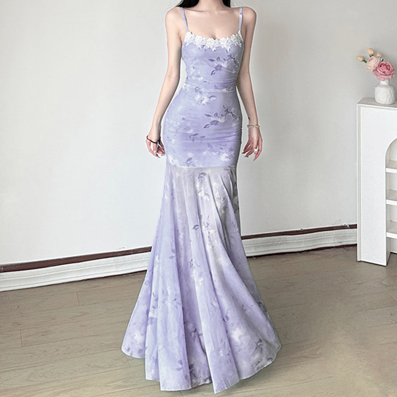 Chinese Style Light Green Butterfly Printed Fishtail Suspender Dresses