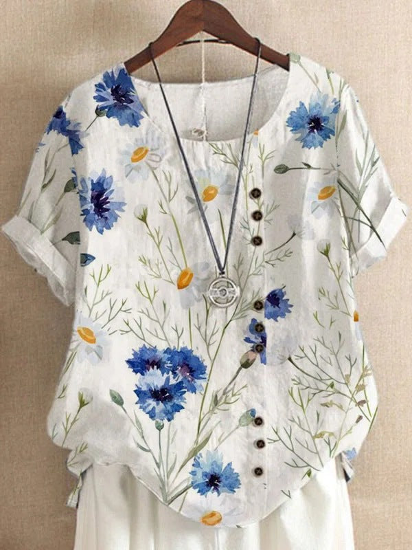 Women's Summer Retro Cotton Linen Fashion Printed Loose Blouses