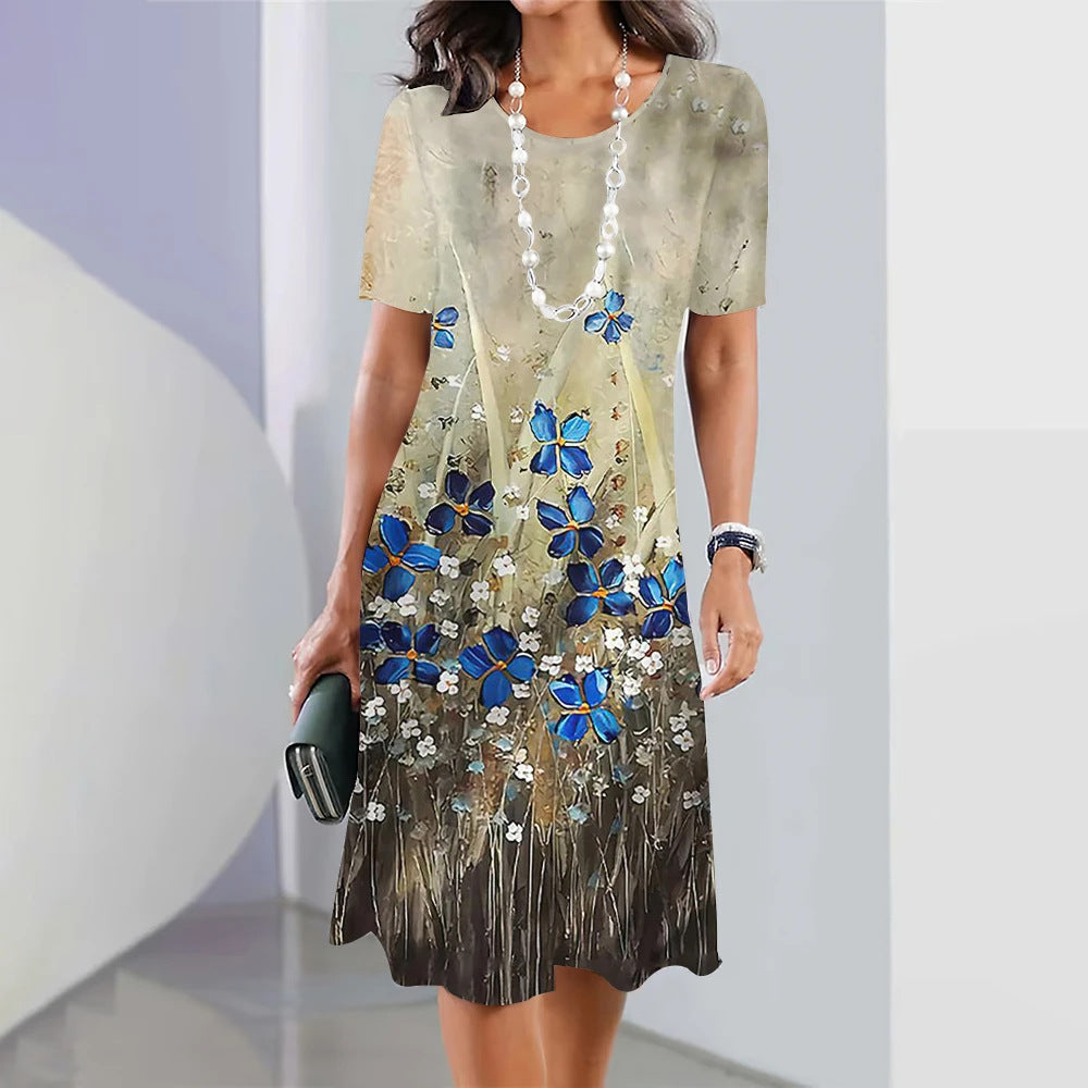 Digital Printing Fashion Casual Loose Ladies Round Dresses