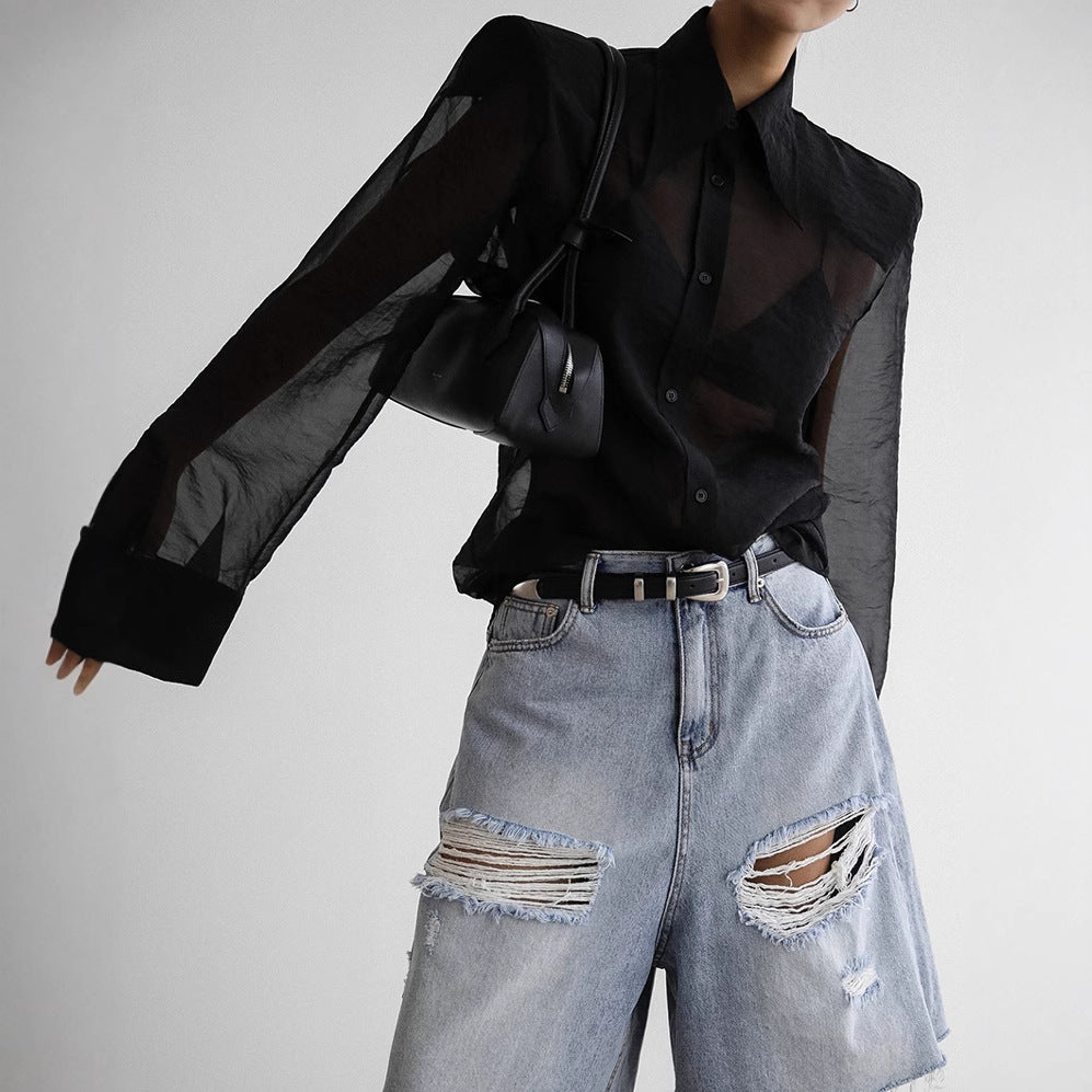 Women's Retro Yarn Loose Long Sleeve Shirt Blouses