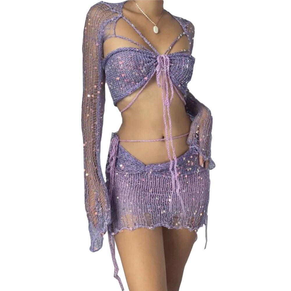 Women's New Popular Sequin Knitted Three-piece Suits