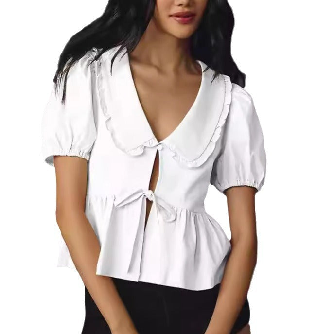 Solid Color Sleeve Lace Up Peter Pan Blouses