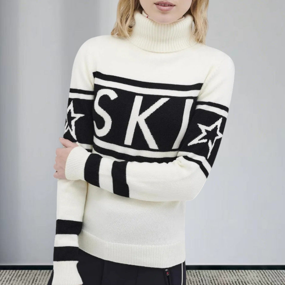 Star Letters Printed Turtleneck Fashionable Elegant Sweaters