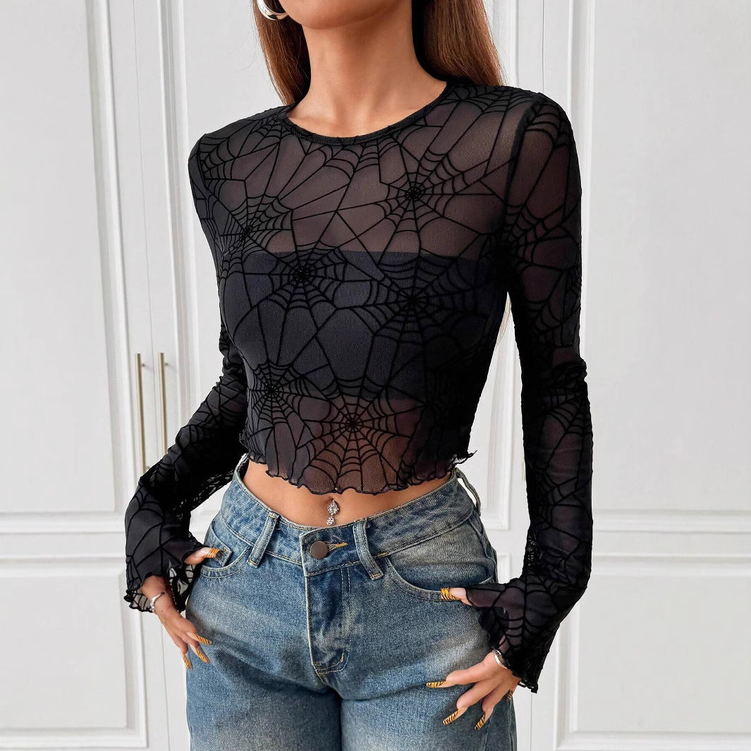 Women's Elegant Black Transparent Wooden Ear Spider Blouses