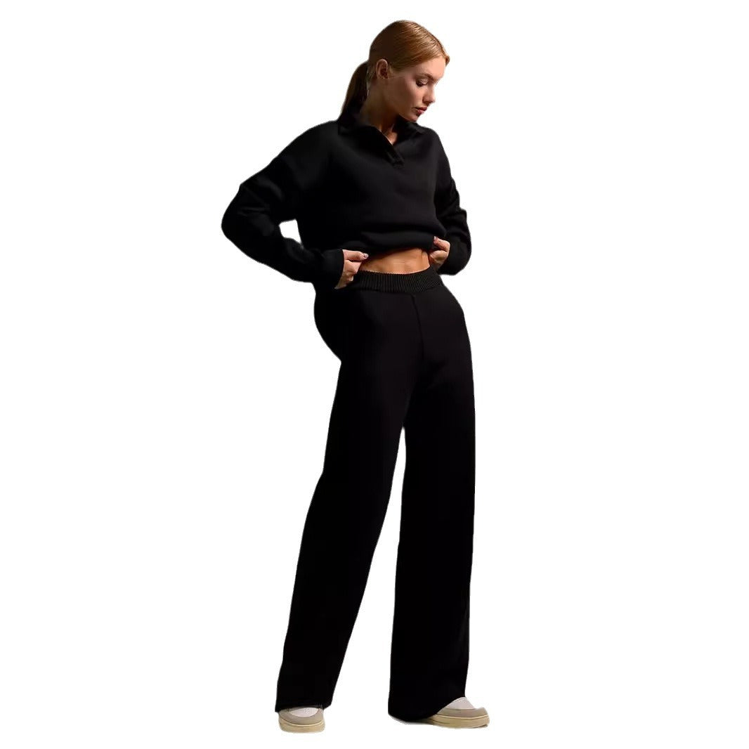 Solid Color Polo Collar Knitted Straight Wide Leg Sweaters