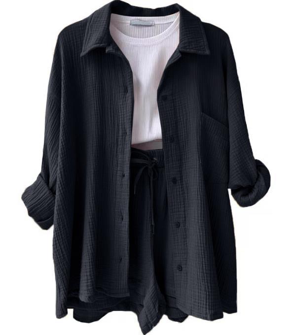 Women's Lapel Long Sleeve Shirt High Waist Drawstring Fashion Suits