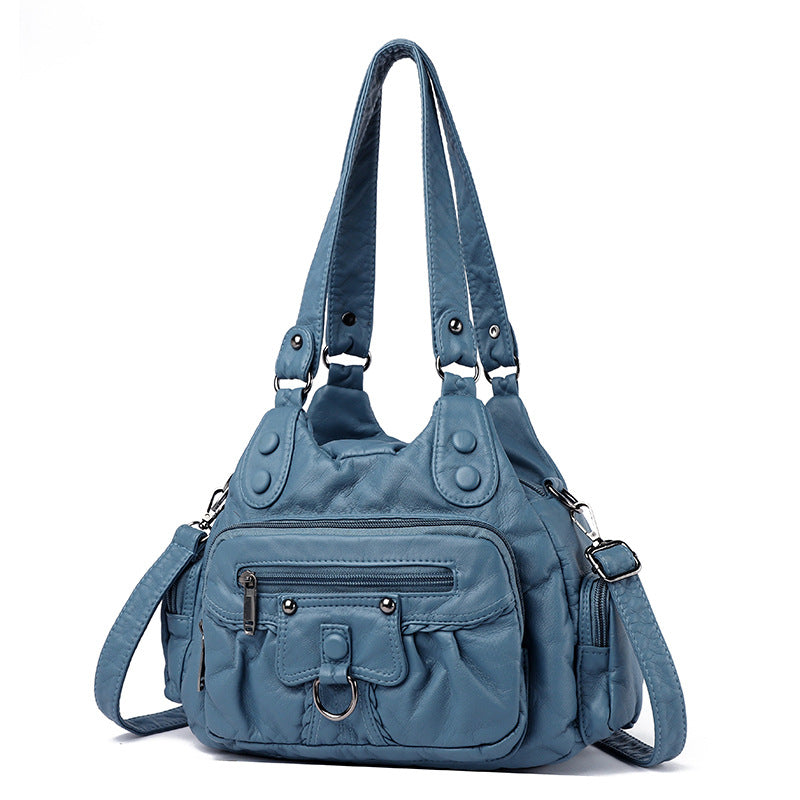 Women's Mom Large Capacity Stitching Washed Leather Shoulder Bags