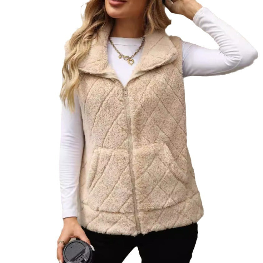 Women's Flash Veet Zipper Loose Diamond Lattice Vests
