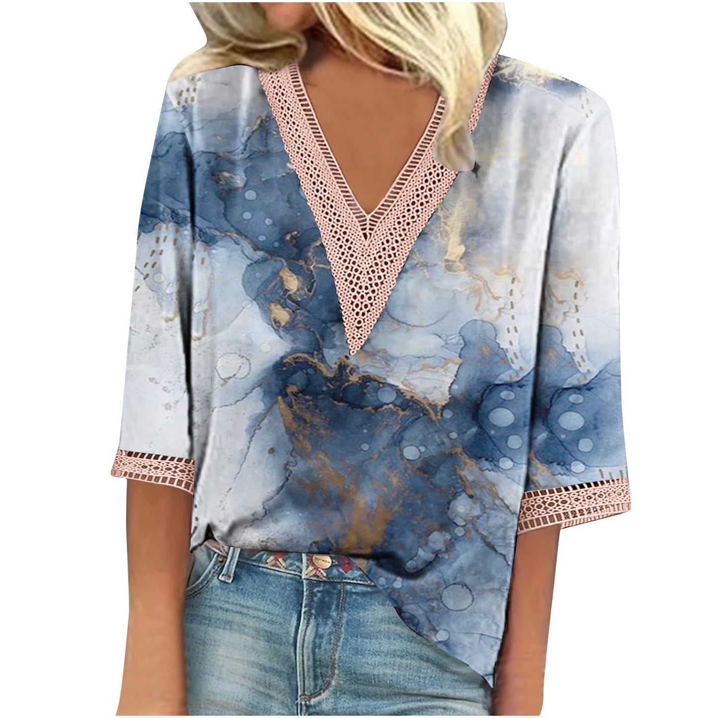 Women's Summer Printed Lace Stitching Sleeve T-shirt Blouses