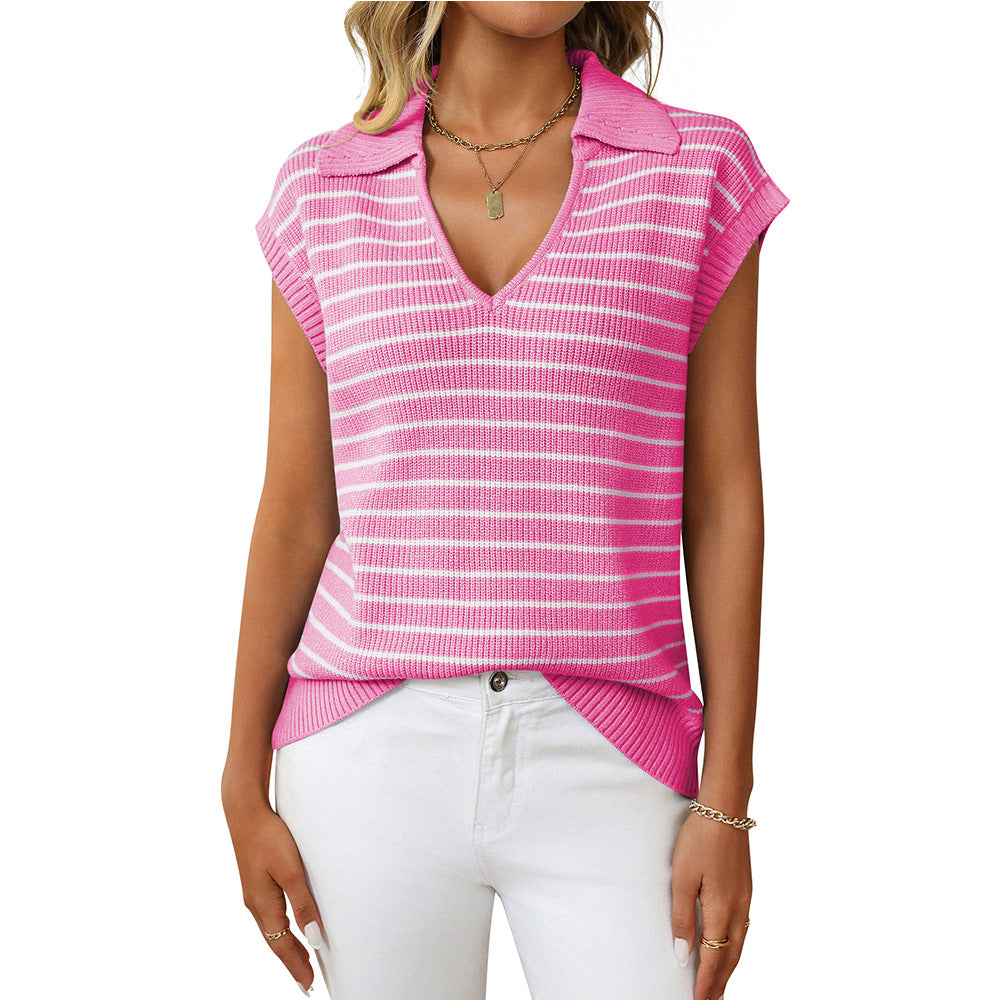 Women's Summer Knitted Casual Striped Lapel Sweaters