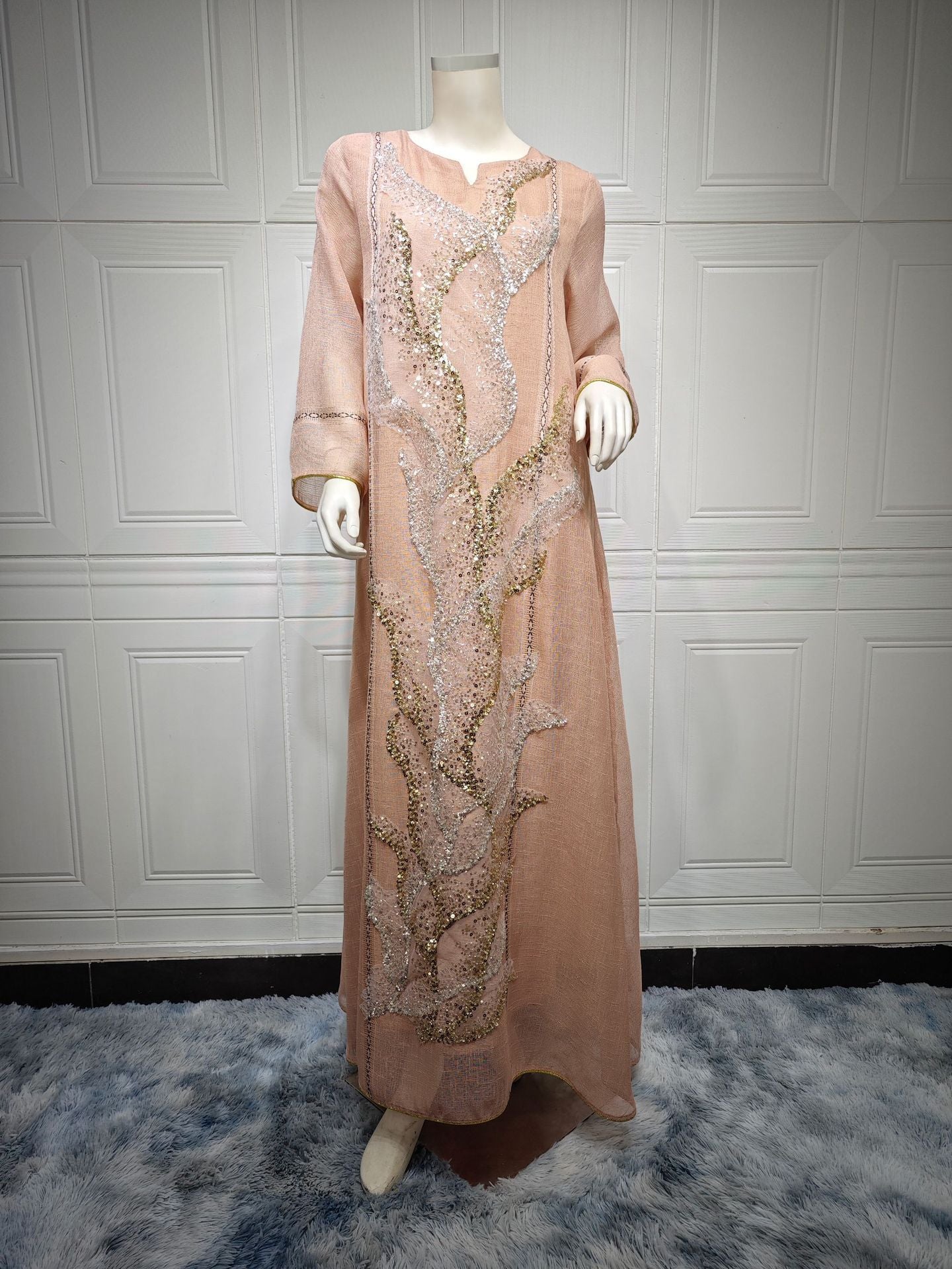 Mesh Sequin Embroider Muslim Dress Saudi Clothing
