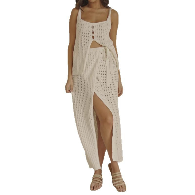 Sleeveless Split Design Sense Strap Dress Suits