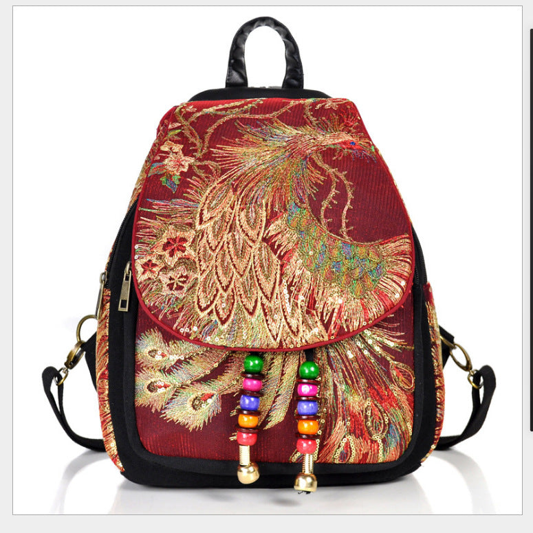 Women's Sequined Peacock Ethnic Style Embroidered Canvas Backpacks