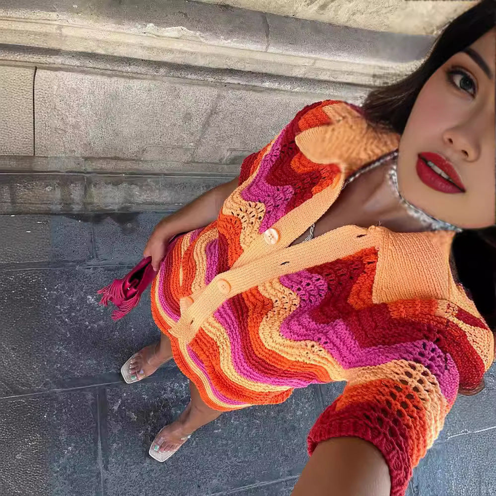 Women's Summer Lapel Collar Single-breasted Mesh Knitting Suits