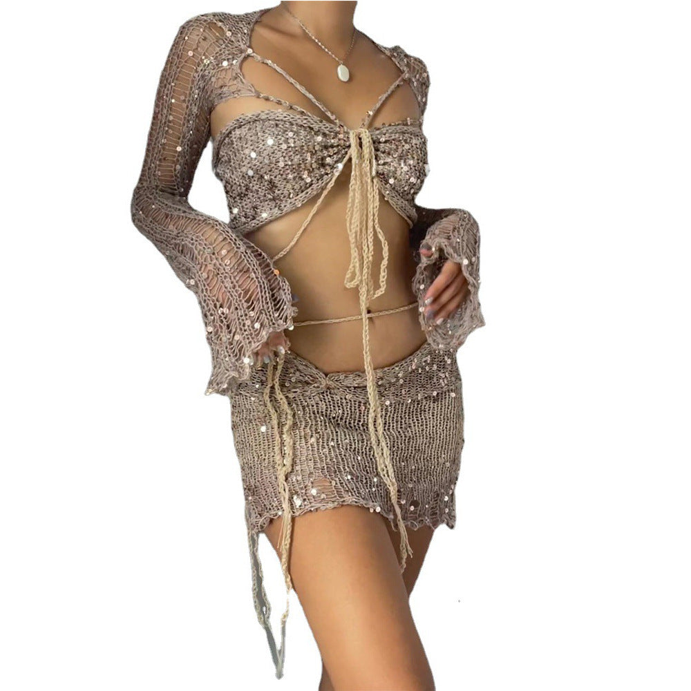 Women's New Popular Sequin Knitted Three-piece Suits