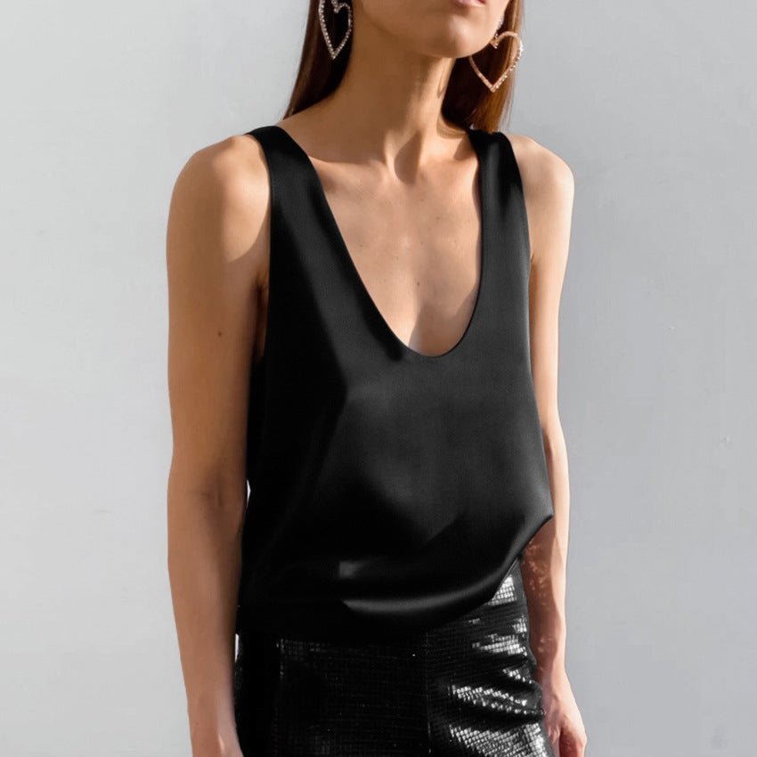 Women's Summer Solid Color Satin Sleeveless T-shirt Versatile Street Tops