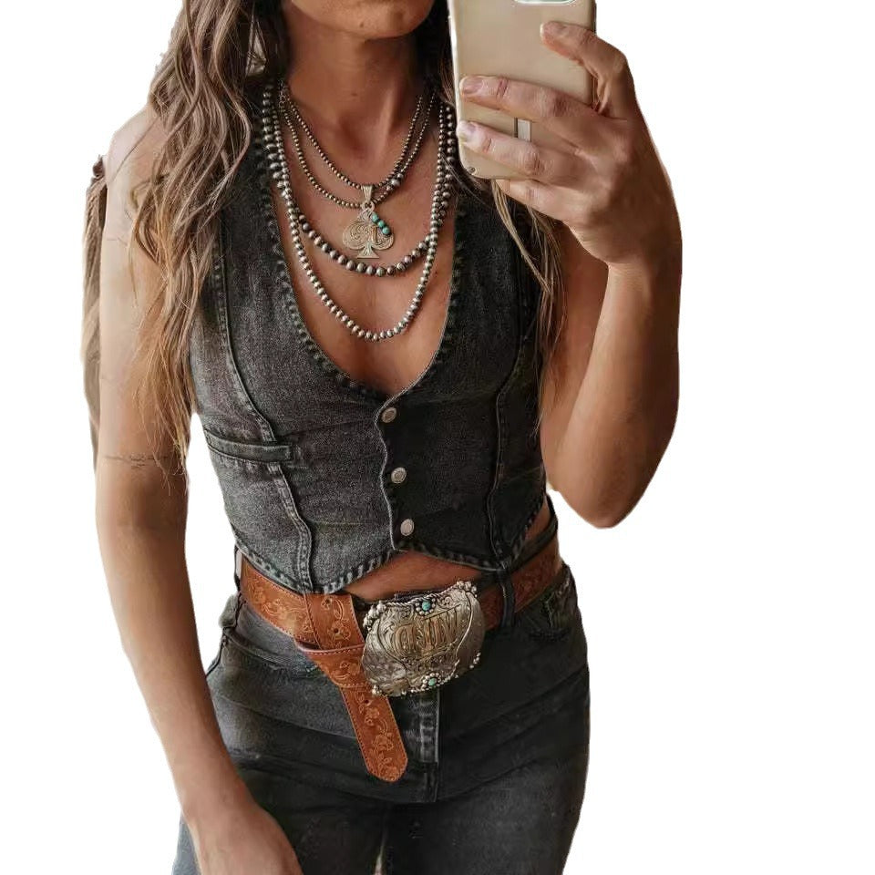 Women's Personalized Hot Sleeveless Single-breasted Denim Vests