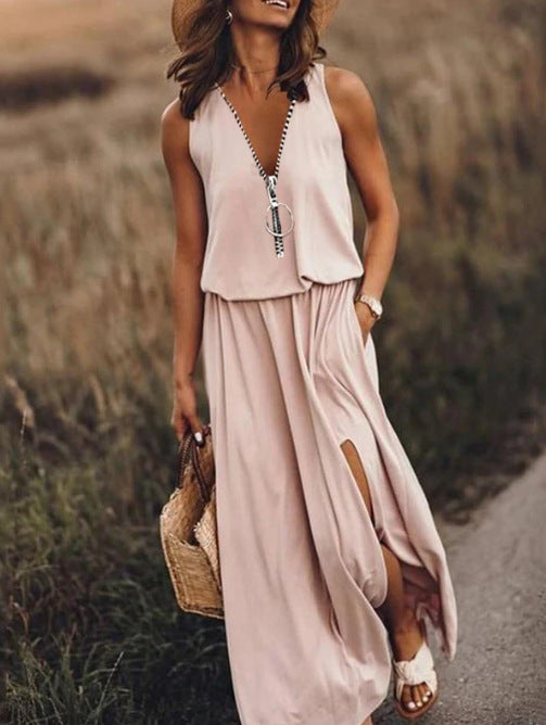 Women's Sleeveless Long Dress Casual Waist Zipper Dresses