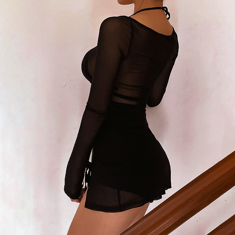Women's Net Color Mesh Long Sleeve Split Dresses