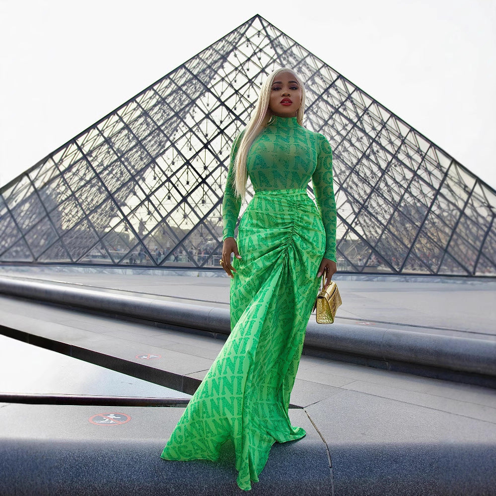 Women's Mesh Pleating Slim Fit Long Dress Suits