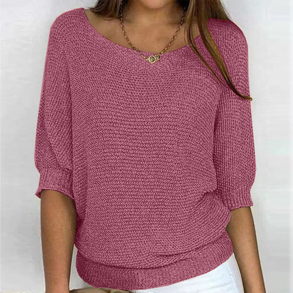 Women's Spring Solid Color Round Neck Commuter Elegant Cropped Sleeves Knitwear