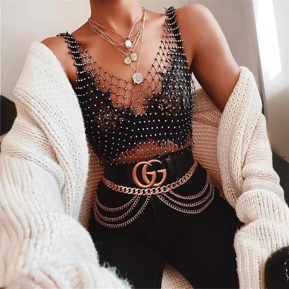 Women's Rhinestone Fishnet Summer Electronic Music Festival Net Tops