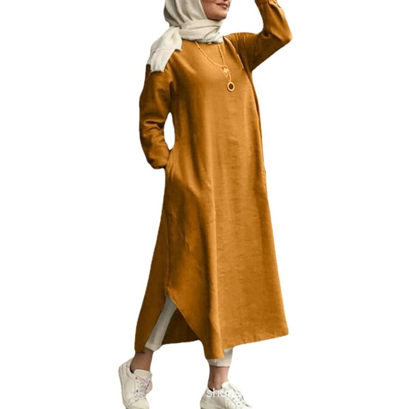 Women's Muslim Wear Long Sleeve Shirt Pocket Dress Clothing