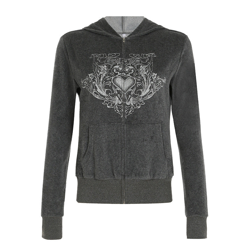 Women's Early Autumn Retro Printed Hoodie Personality Street Gray With Sweaters