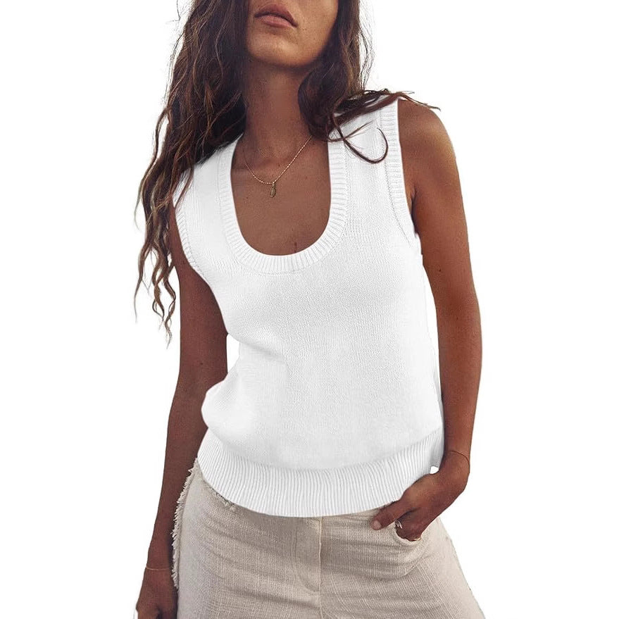 Women's Sleeveless Rib Knitted Out Leisure Basic Knitwear