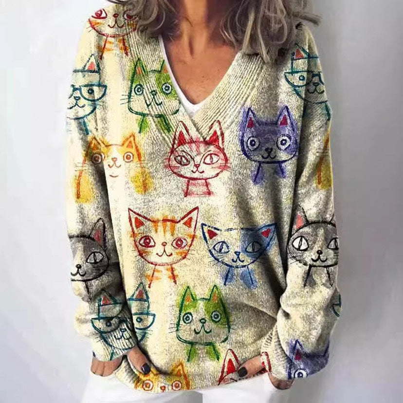 Women's Printed Christmas Round Neck Pullover Sleeve Sweaters