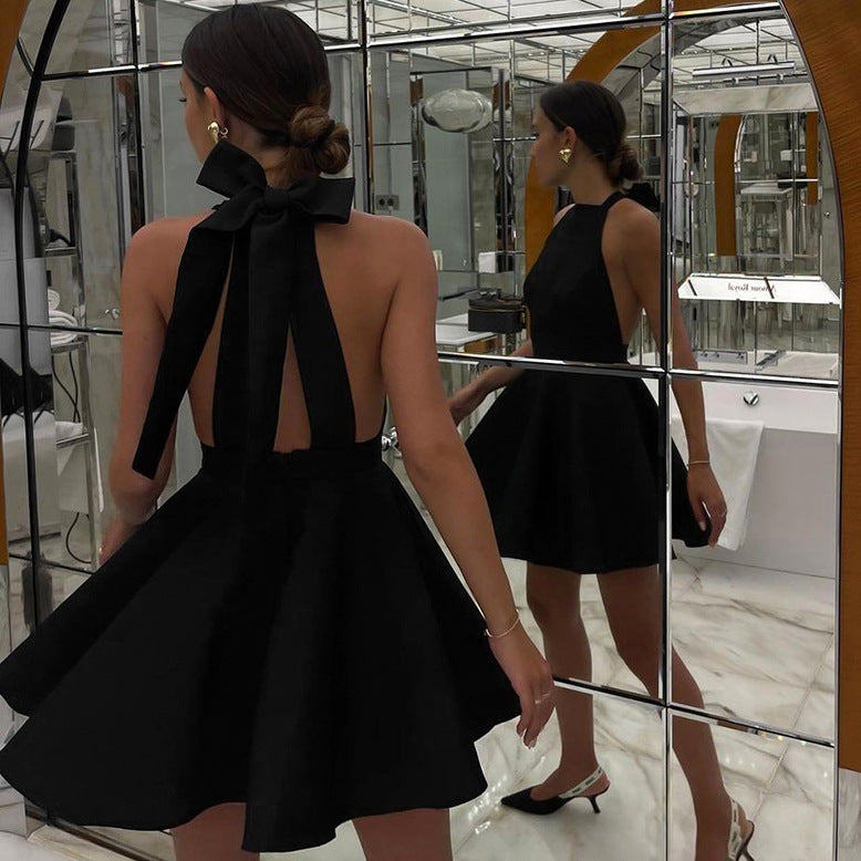 Women's Black High Waist Sleeveless Halter Dress Spring Dresses