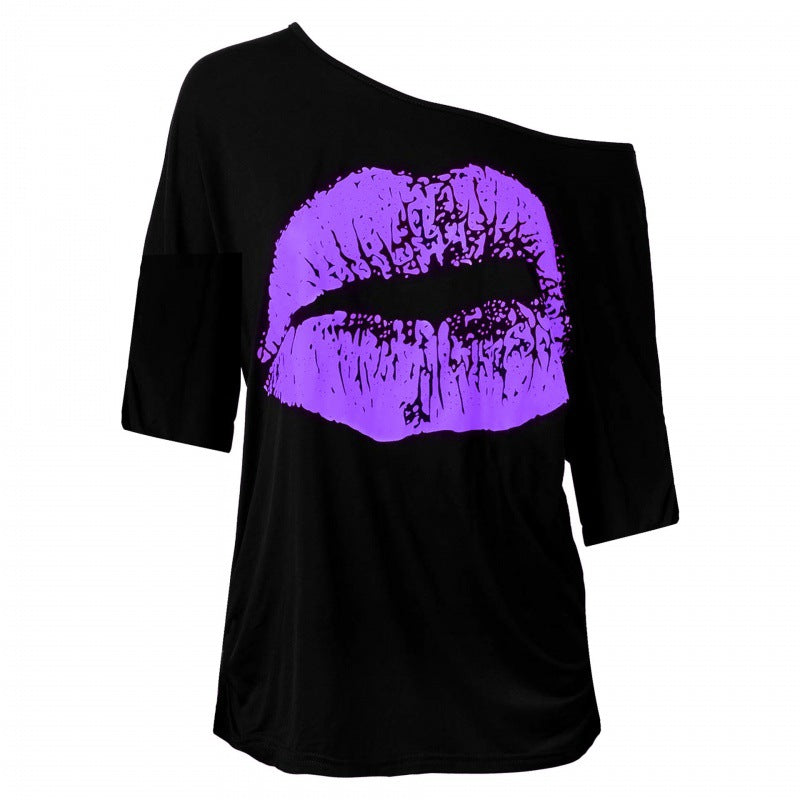 Women's Nostalgic Big Lip Printings Generation Shoulder Blouses