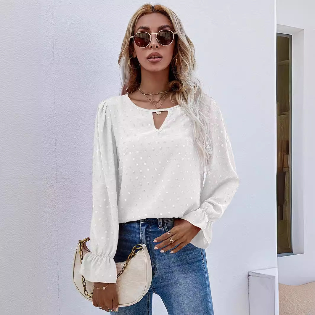 Women's Leaf Long Sleeve Jacquard Wave Point Blouses