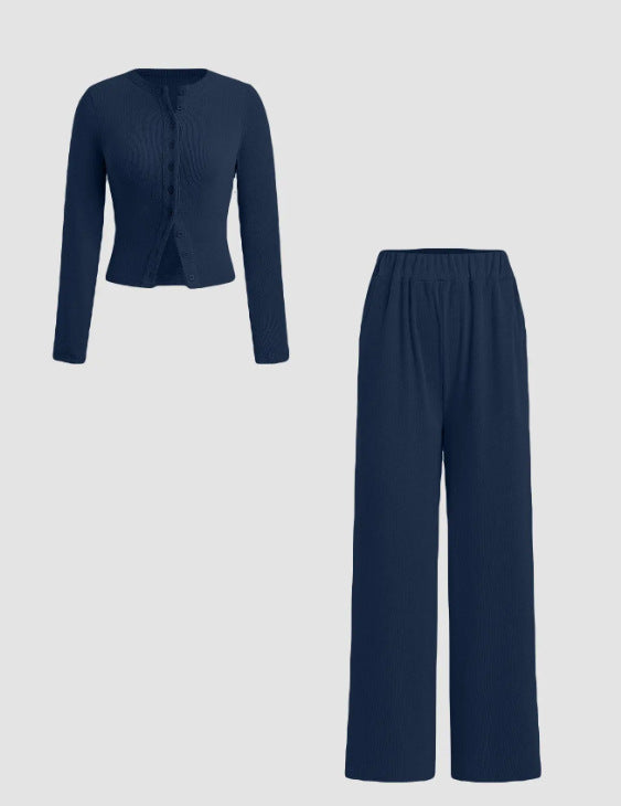 Casual Buttoned Long Sleeve Wide Leg Suits