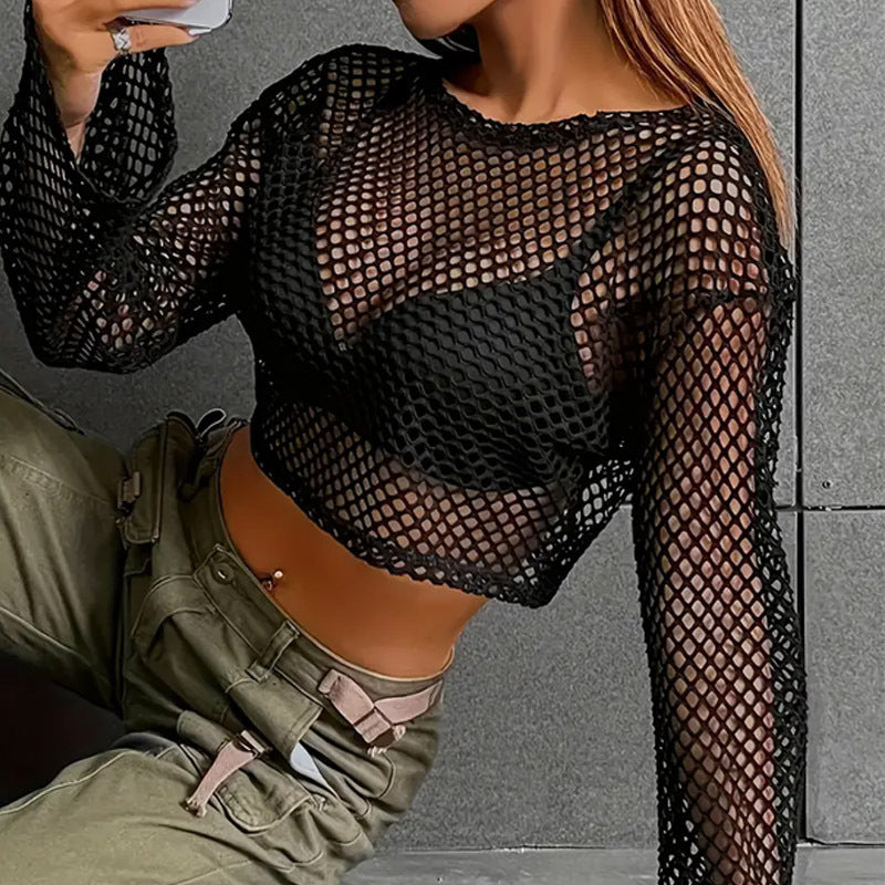 Women's Sports Leisure Mesh Shirt Transparent Fishnet Blouses