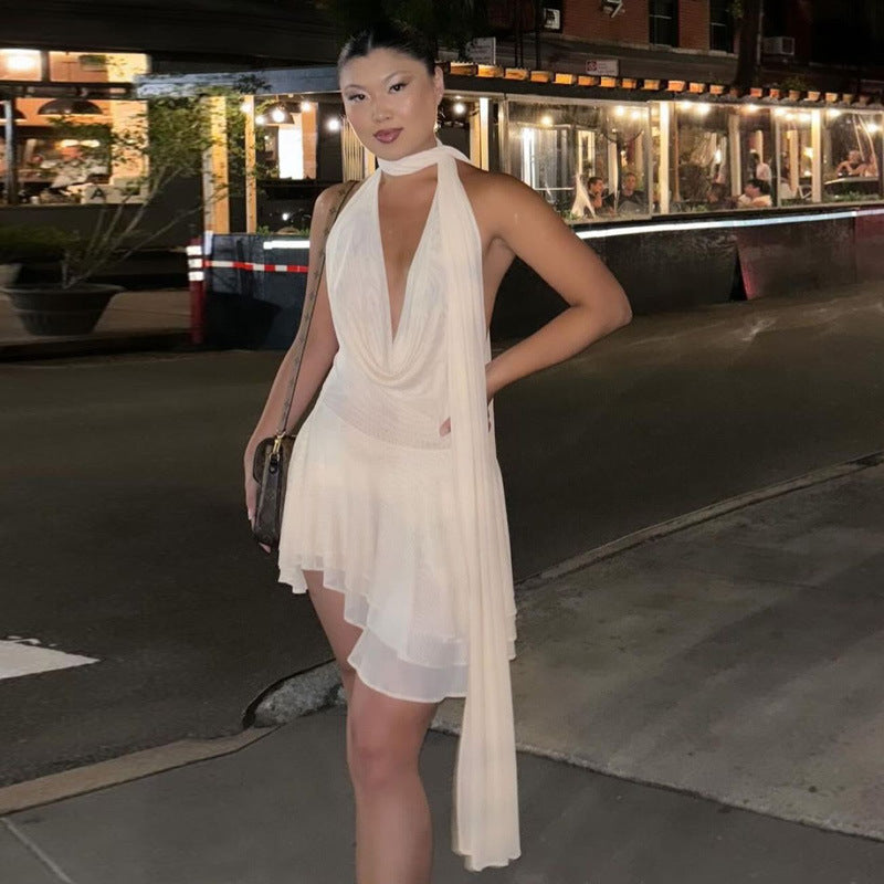 Women's V Neck Solid Color Layered Ruffles Dresses