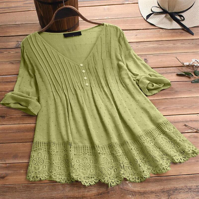 Women's Summer Jacquard Pleated Lace Hollow Out Blouses