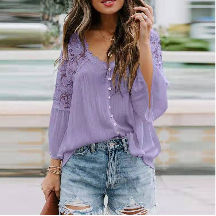 Women's Lace Shirt Solid Color V Sexy Blouses
