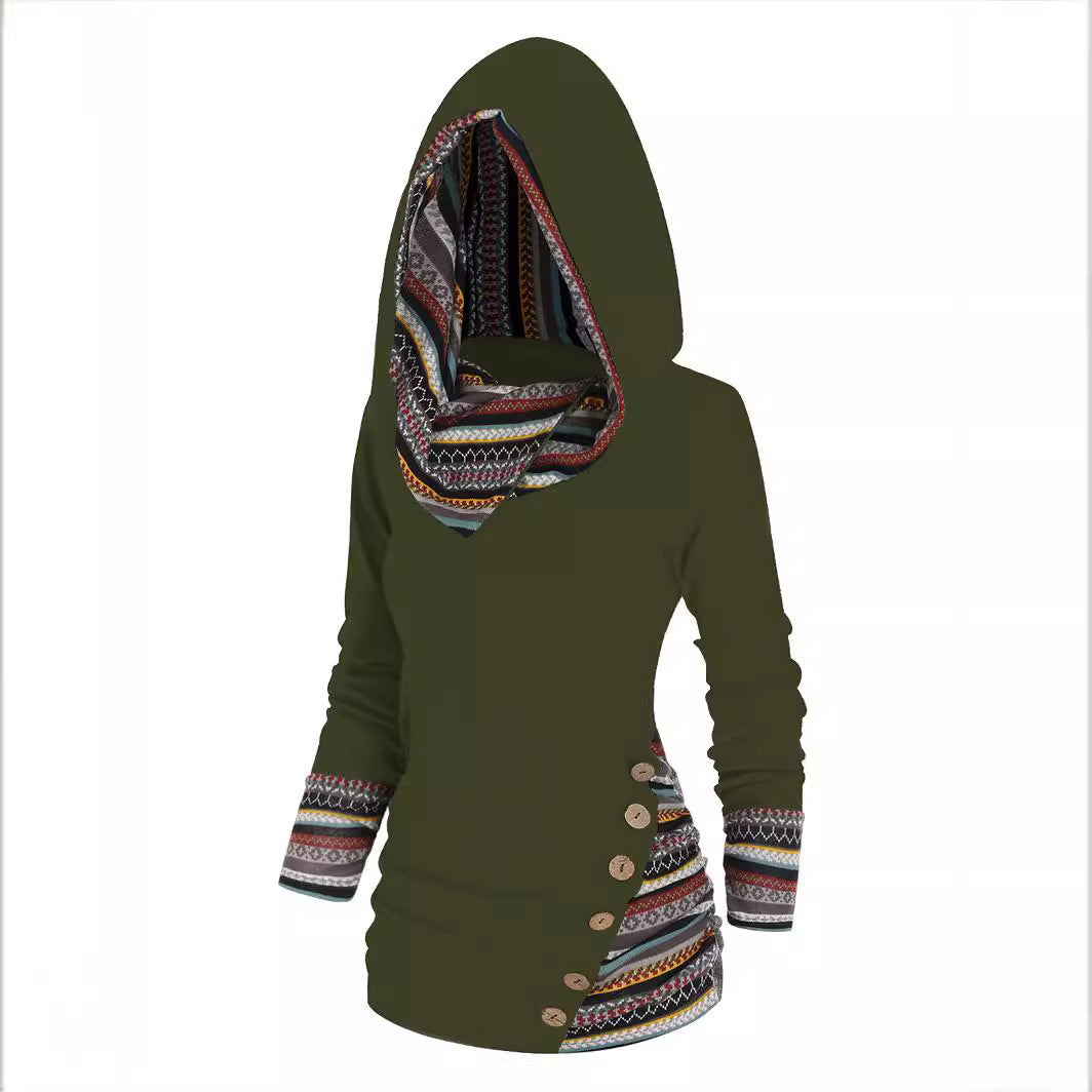 Women's Stitching Hooded Knitted Long Sleeve Button Casual Sweaters