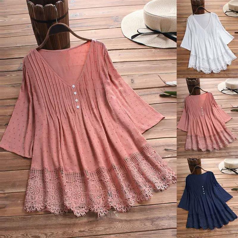 Women's Summer Jacquard Pleated Lace Hollow Out Blouses