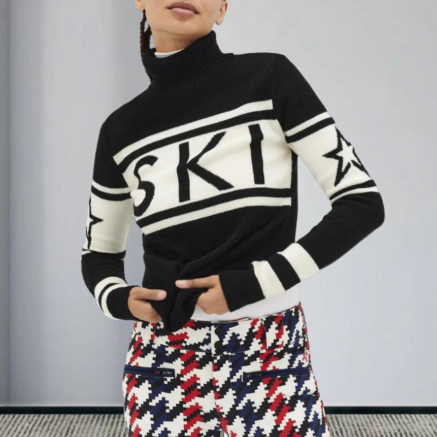 Star Letters Printed Turtleneck Fashionable Elegant Sweaters