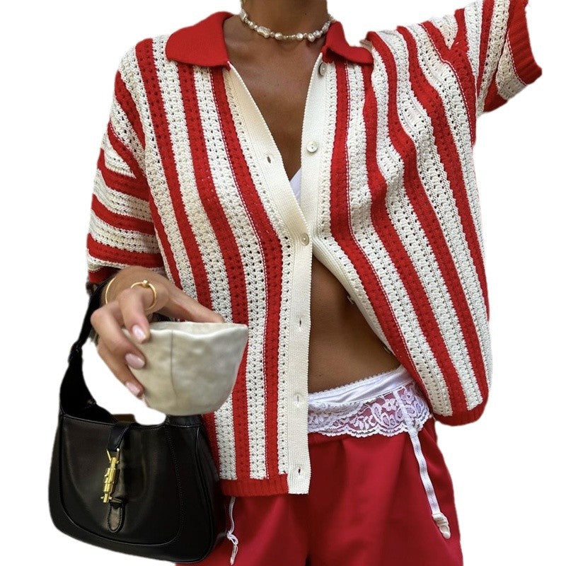 Women's Knitted Contrast Color Design Lapel Shirt Knitwear
