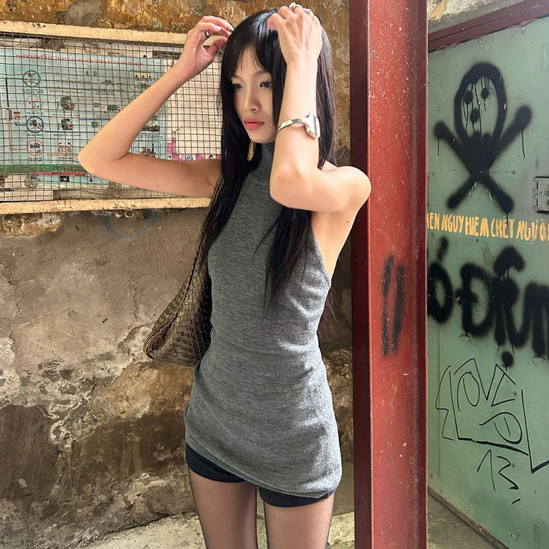 Women's Color Halter Backless Mid-length Turtleneck Knitting Simple Tops