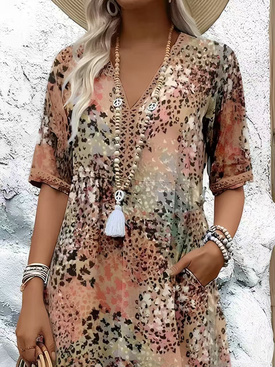 Cool Fashion Printed Lace Sleeve Dress Dresses
