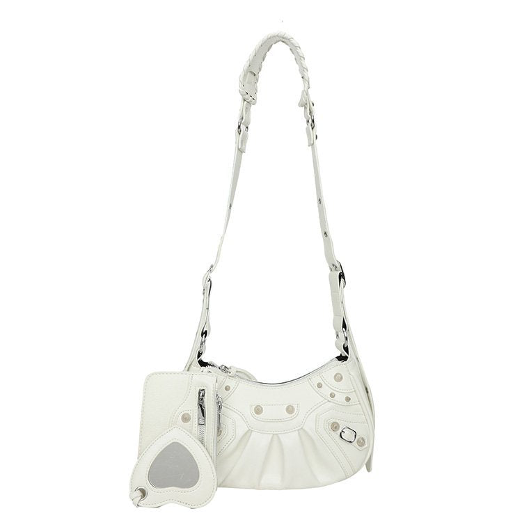 Women's Underarm Retro Rivet Motorcycle Pleated Crescent Crossbody Bags