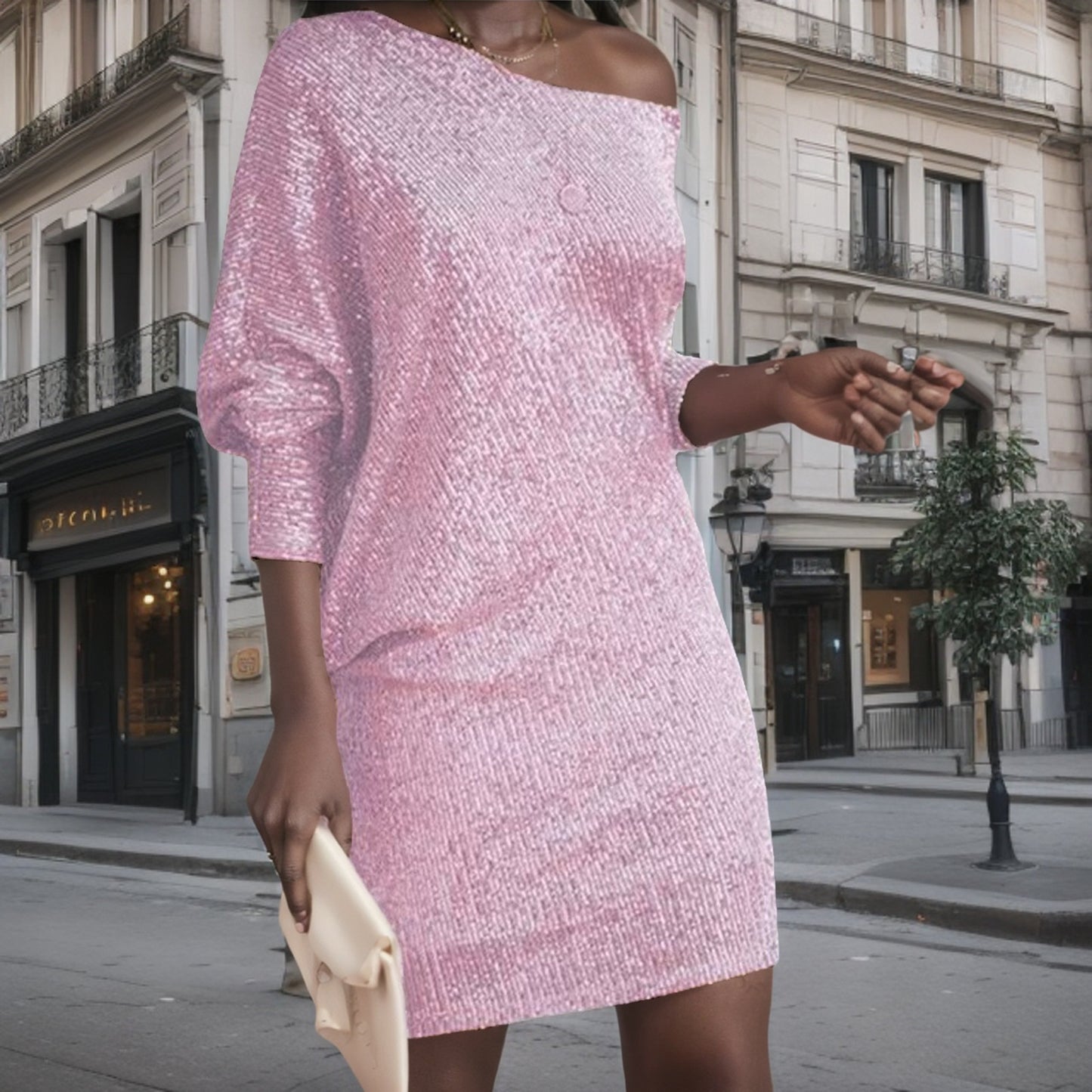 Women's Solid Color Oblique Shoulder Long Sleeve Dresses