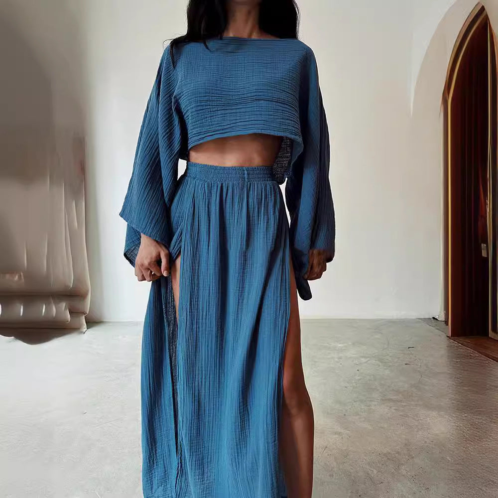 Vacation Linen Blend High Waist Chic Slit Suits